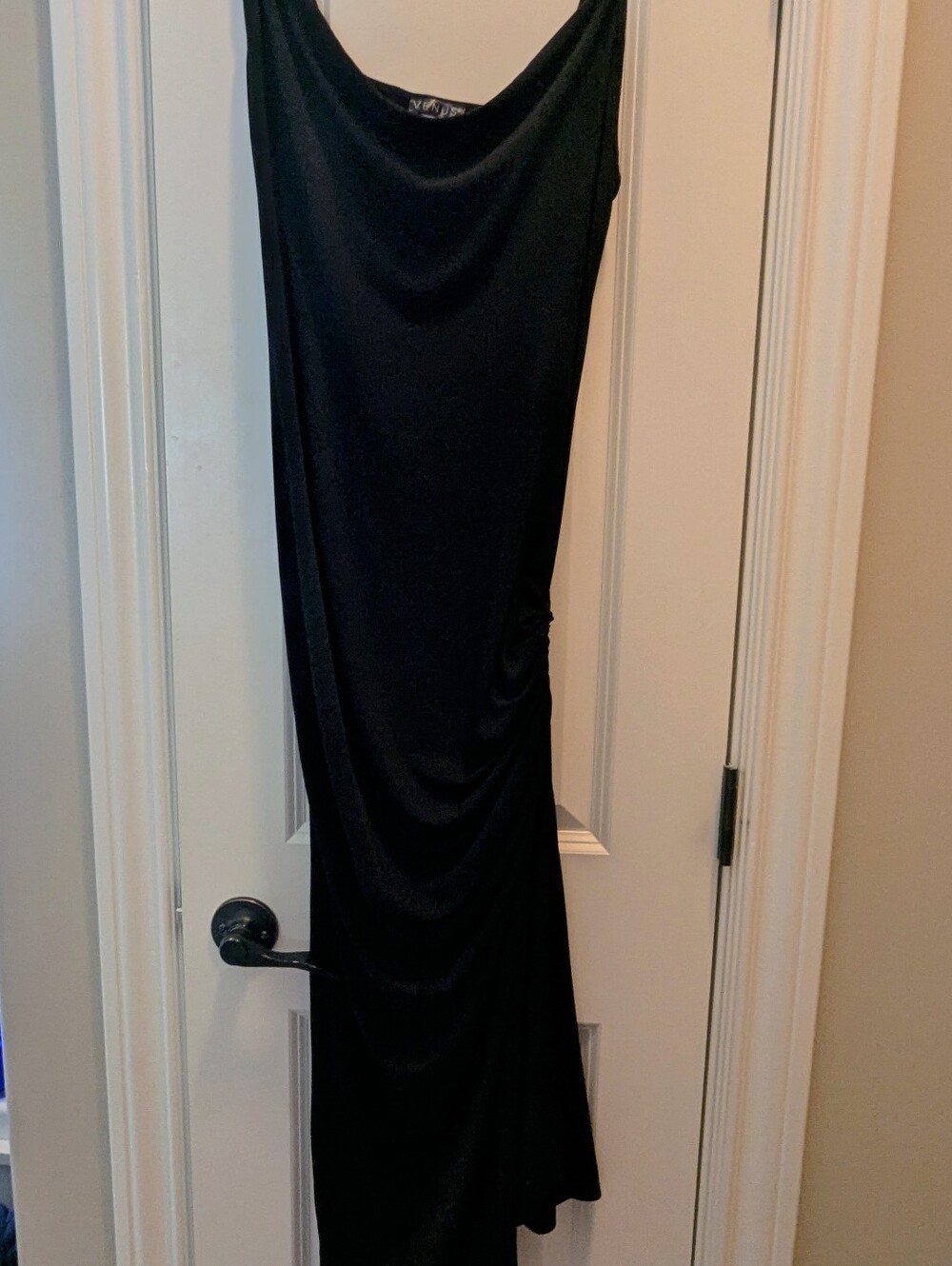 VENUS Black Draped Cowl Neck Maxi Dress With Adjustable Slit and Ruching